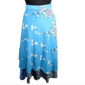 Blue Floral Layered Reversible Wrap Skirt, One Size Up To 40" Waist